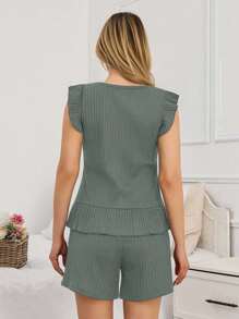 EURMUSE Bộ đồ mặc nhà thanh lịch và tối giản với áo rộng cổ bèo nhún và quần short cho nữ - Màu xanh Ô liu - Xem 2