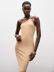 Lumivelle 女士纯色金属装饰露肩修身长裙，优雅夏季大学校园连衣裙 - 卡其色 - 查看 5