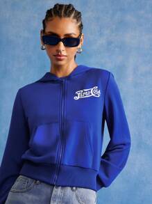 PEPSI X SHEIN Women Letter Graphic Hooded Zip Up Pocket Sweatshirt - Blue - View 1