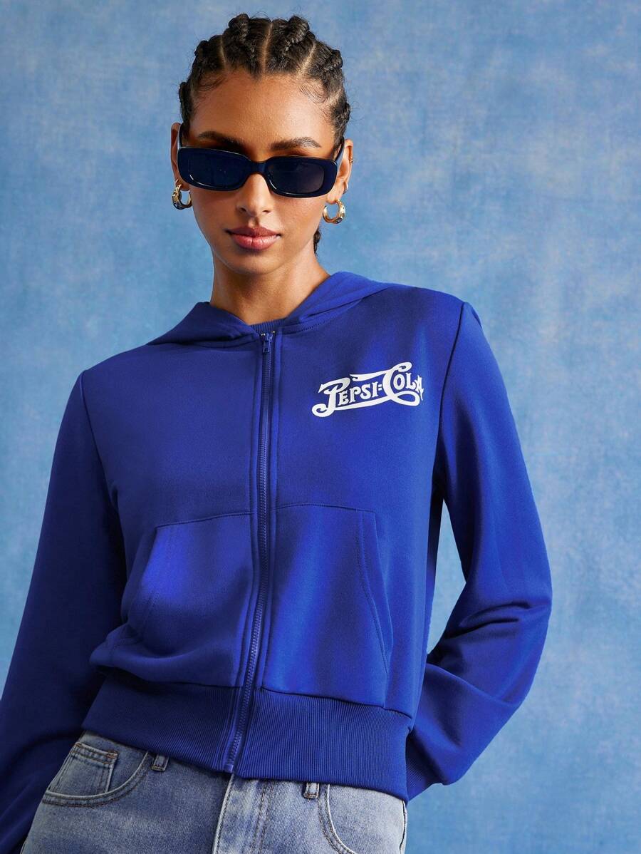 PEPSI X SHEIN Women Letter Graphic Hooded Zip Up Pocket Sweatshirt - Blue - View 1