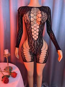 加大碼豹紋鑽孔連體褲，修身性感，1件裝