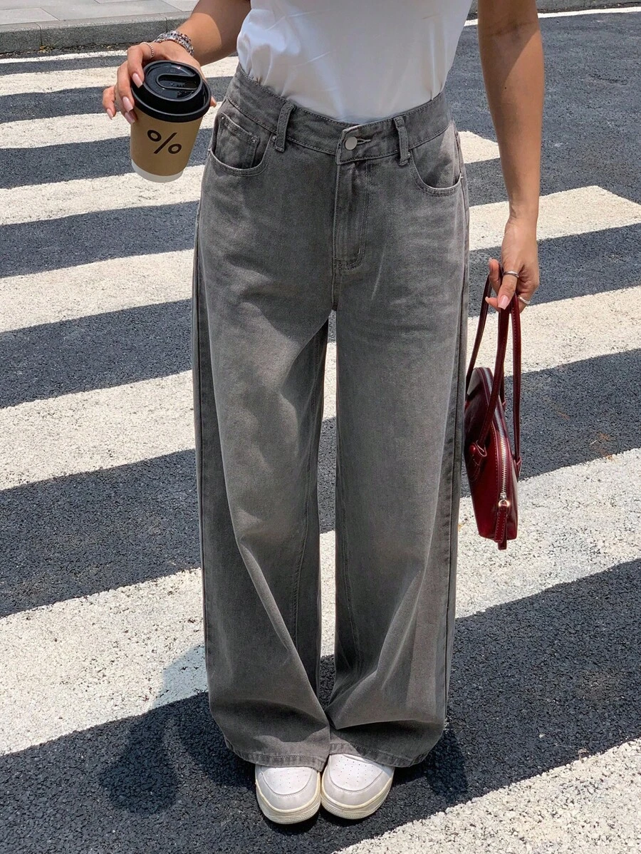 DAZY 新款秋季宽松休闲直筒女牛仔裤 - 灰色 - 查看 1