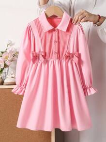 Vestido camisa de manga larga con decoración de moño 2 en 1 para niñas, minimalista y versátil de moda casual, vestido rosa de primavera y otoño para niñas, vestido de manga larga para niñas - Rosa - View 3