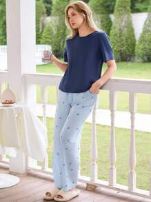 SHEIN Bộ đồ ngủ nữ rộng rãi, thường ngày, màu trơn, tay ngắn, họa tiết nơ sọc, quần dài in hình nơ, bộ đồ ngủ nữ, bộ đồ ngủ mùa hè cho nữ, bộ đồ ngủ màu xanh, bộ đồ ngủ sọc, bộ đồ ngủ nơ dễ thương - Nhiều màu - Xem 3