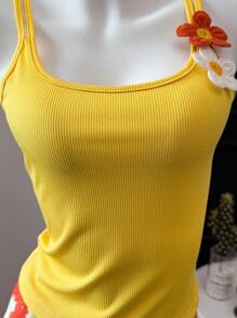 Chiquease 2pcs/Set Vacation Style Floral Decor Camisole Top And Printed Mini Skirt Outfit Clothes For University - Yellow - View 5