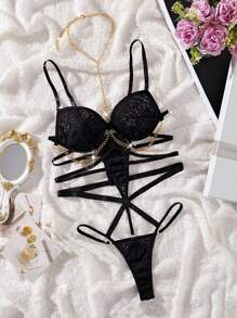 链式镂空钢圈泰迪连体衣内衣，坏蛋造型 - 黑色 - 查看 6