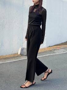 FRIFUL 女式黑色纯色松紧腰喇叭下摆开衩裤，修身百搭休闲商务长裤 - 黑色 - 查看 2