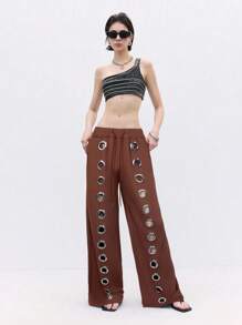 LYSMO 前卫孔眼设计宽松阔腿运动裤，棕色 - 棕色 - 查看 5