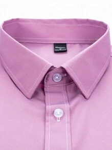 Manfinity Homme 男士字母和牛头印花长袖单排扣休闲衬衫，秋季 - 紫色 - 查看 3