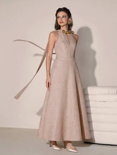 Poshira 女士优雅提花金属装饰舞会礼服