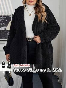 SHEIN CURVE+ Áo khoác hoodie len pha trộn họa tiết màu đen cỡ lớn dành cho nữ, dành cho mùa đông/thu/đông - màu đen - Xem 9
