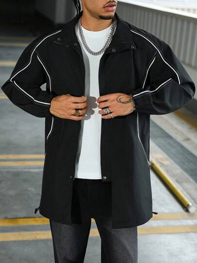 Manfinity Homme Mid-Length Contrast Trim Street Style Men's Windbreaker, Men Shirts Streetwear Streetwear, Men Shacket, Black Trench Coat Men