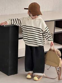 DAZY Young Boys Casual Loose Fit Striped Fleece Sweatshirt, Street Style For Autumn, Winter - Black and White - View 9