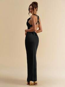 SHEIN BAE Women Summer Solid Yellow Spaghetti Strap Open Back Satin Dress - Black - View 3