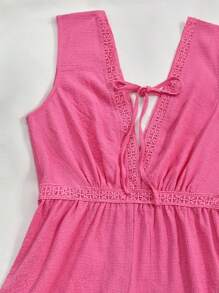 INAWLY Women's Sweet Vacation Casual Solid Color Sleeveless Jumpsuit, Summer - Hot Pink - View 4