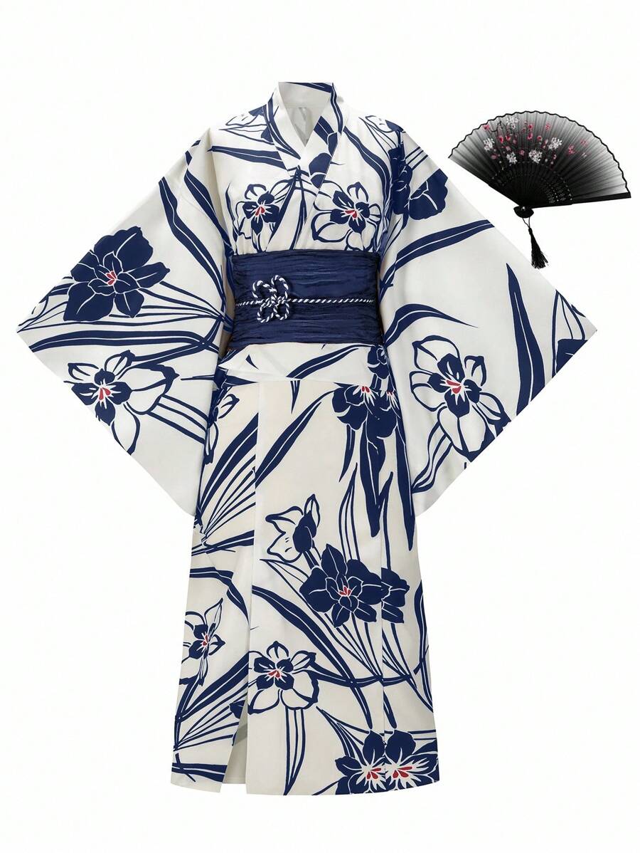 Irokai 日本传统女士浴衣和服套装印花分体款式适合夏季节日 - 藏蓝色 - 查看 1
