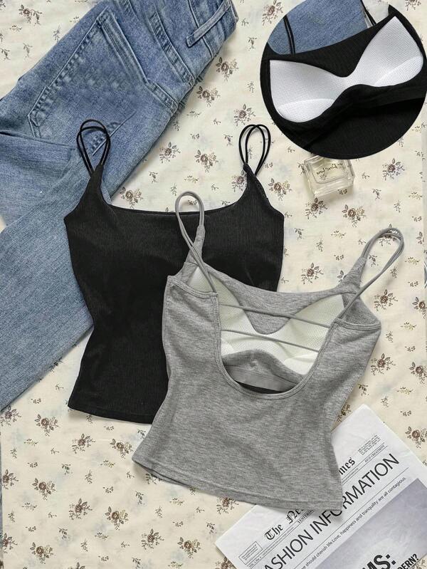 Attitoon Summer Casual Versatile Solid Color Camisole With Padded Bra Cami Tops Summer Tops Ribbed Tank Tops