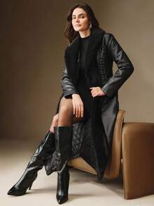 Anewsta جاكيت جلد ناعم أسود مربوط الخصر بياقة فرائية، ملابس خارجية قصيرة عصرية للخريف/الشتاء - الأسود - مشاهدة 4