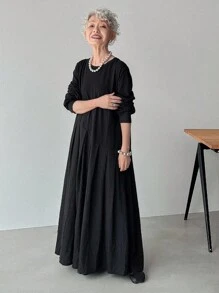 FRIFUL 女式黑色纯色拼布面料褶皱长裙长袖连衣裙、办公室连衣裙、商务休闲连衣裙 - 黑色 - 查看 6