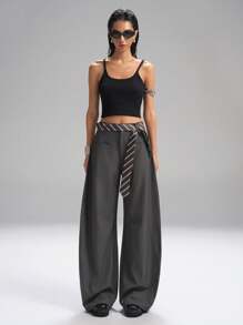 LYSMO 2025 新款女士休闲宽松弯刀西装裤，配条纹腰带，适合通勤和日常穿着，办公室，秋冬时尚简约 - 深灰色 - 查看 8