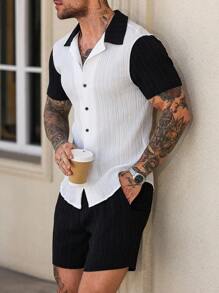 Manfinity Homme 男士拼色单排扣休闲短袖衬衫，夏季 - 白色 - 查看 1