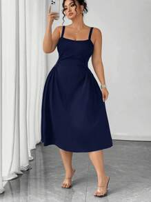 SHEIN Clasi Gaun Shift Elegan Tanpa Lengan Leher V Warna Polos untuk Wanita Ukuran Plus - Navy Blue - View 3