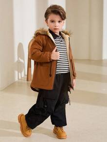 SHEIN Young Boy Casual Drawstring Waist Faux Fur Hooded Padded Parka Coat, Autumn/Winter Fall - Brown - View 8