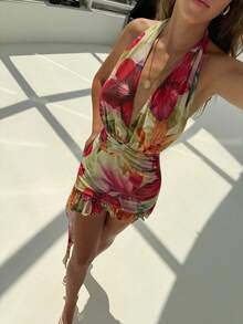 Aloruh Young Sexy Lady Music Festival Deep V-Neck Halter Backless Printed Mesh Mini Dress,Summer Dresses For Women - Multicolor - View 3