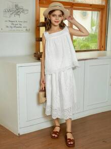 Hapijoa 2pcs/Set Tween Girl Girls Sleeveless Square Neck Top And Skirt Outfit, Summer - White - View 2