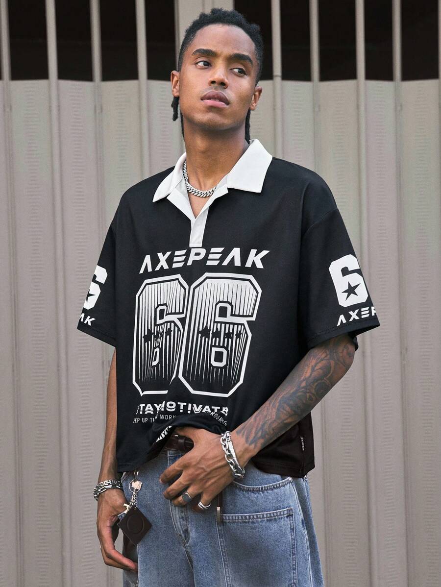 AXEPEAK 男士休闲通勤数字印花短袖 Polo 衫