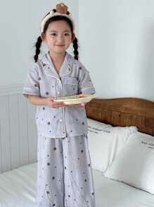 Dazy Kids Young Girl Cartoon Bear Short Sleeve Button-Up Top And Pants Pajama Set - Multicolor - View 1