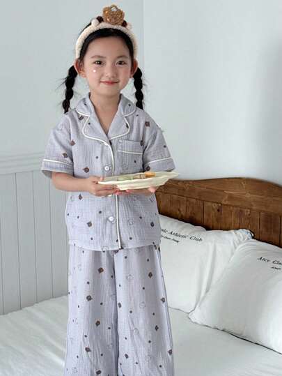 Dazy Kids 小女孩卡通熊短袖纽扣式上衣和裤子睡衣套装