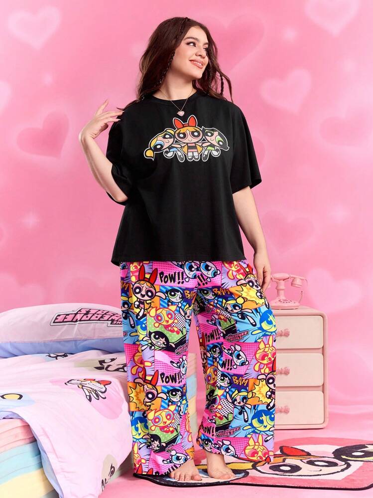 THE POWERPUFF GIRLS X SHEIN مجموعة تيشيرت وبنطلون نوم من قطع مريحة للنساء لأوقات الصيف، تيشيرت بأكمام متساقطة مقاس كبير مطبوع بنقشات أزهار، فقاعات وزهور البابونج ،وبنطلون نوم بقصة رجل - الأسود - مشاهدة 5