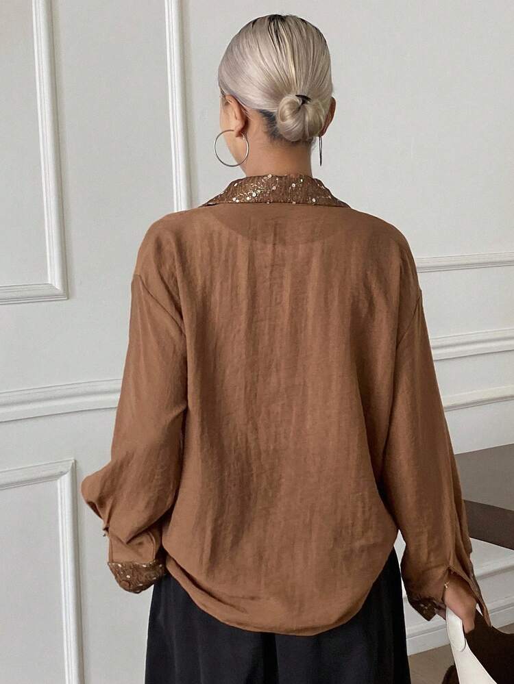 Women's Solid Color Sequin Patchwork Loose Long Sleeve Casual Holiday Blouse, Autumn