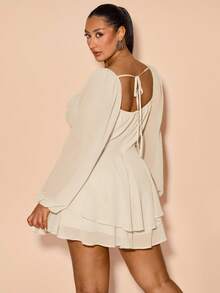 SHEIN BAE 大码女式春夏垂坠领荷叶边开叉长袖连体裤，甜美性感迷你连体裤，适合节日穿着 - 杏色 - 查看 2