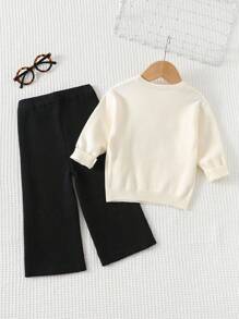 Cozy Pixies 2件套女婴蝴蝶结装饰圆领长袖毛衣和松紧腰长裤套装 - 杏色 - 查看 2