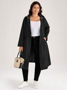 Comfylo 加大码时尚纯色军绿色连帽口袋设计中长款夹克秋季带口袋女式风衣外套冬装 - 黑色 - 查看 8