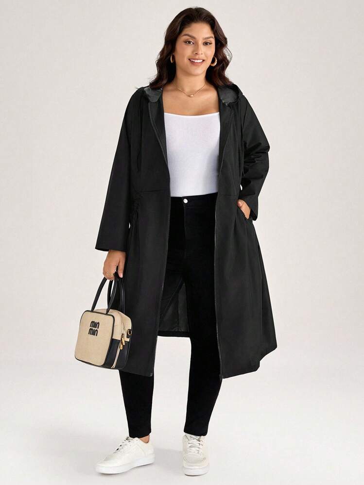 Comfylo 加大码时尚纯色军绿色连帽口袋设计中长款夹克秋季带口袋女式风衣外套冬装 - 黑色 - 查看 8