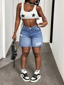 SHEIN SXY Plus Size Women Distressed Denim Skinny Sexy Shorts, Spring Spring Outfits For Women Festival Outfits Bermuda Shorts - Blue - View 4