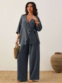 EURMUSE Top de manga corta asimétrico casual liso y pantalones anchos casuales para mujer - Gris Oscuro - Ver 1