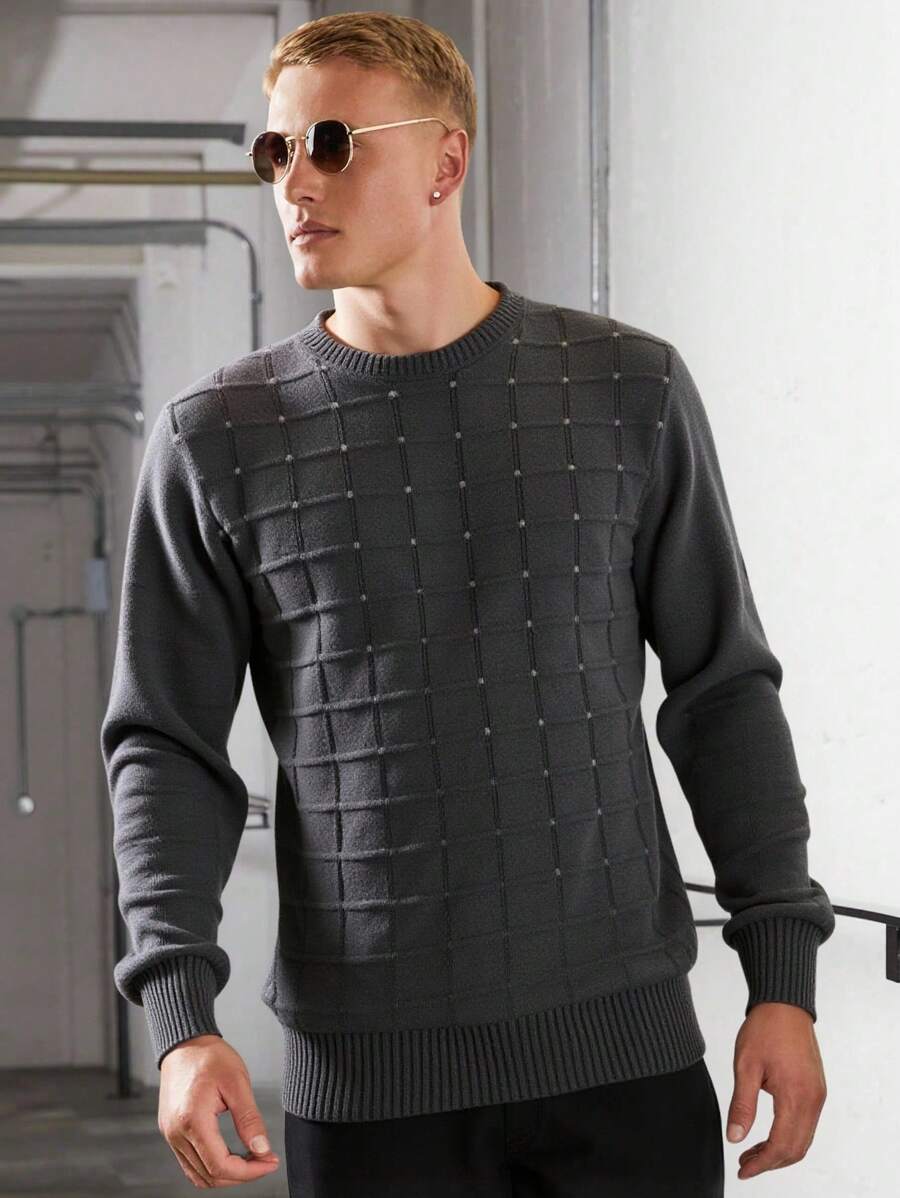 EURMUSE Men's Plaid Crew Neck Loose Casual Sweater - Beige - View 1