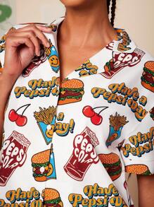 PEPSI X SHEIN 女士卡通图案前扣短袖上衣和短裤睡衣套装 - 彩色 - 查看 5