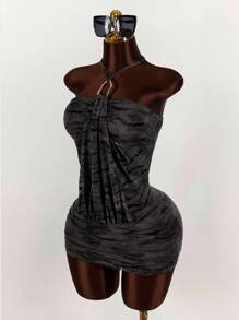 Amplova Vintage Wild Street Runway Tiger Print Halter Bodycon Mini Dress, Summer Black Bodycon Mini Dress