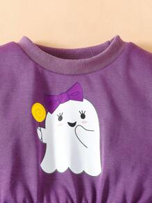 SHEIN Perso Play Kleine Mädchenkleid mit lila Mesh-Überlagerung, süßes Muster Druckdekor Puffärmel, essentiell für tägliche Ausflüge im Herbst