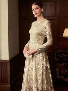 ZEYLAH EMBROIDERED FLORAL ELEGANT WAISTED DRESS - Champagne - View 5