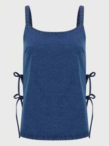 女士夏季侧系腰休闲吊带背心牛仔短款上衣 - 深色水洗藍 - 查看 6