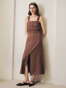 Uhlyne 优雅女士秋季亚麻长裙，配有可拆卸腰带，时尚办公室和度假装，棕色 - 棕色 - 查看 5