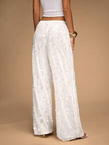SHEIN BAE Quần ống rộng sequin cạp thấp cho nữ, thích hợp cho kỳ nghỉ hè ở bãi biển - trắng - Xem 2