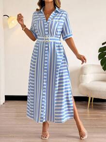 Vionelle 大码女式条纹纽扣衬衫裙