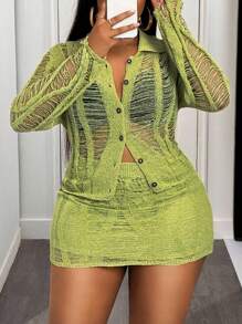 Slaydiva 2025 New Summer Beach, Music Festival, Easter 2Pcs Set For Plus Size Women, Sexy Hollow-Out Long Sleeve Knit Top & Skirt Set - Green - View 5
